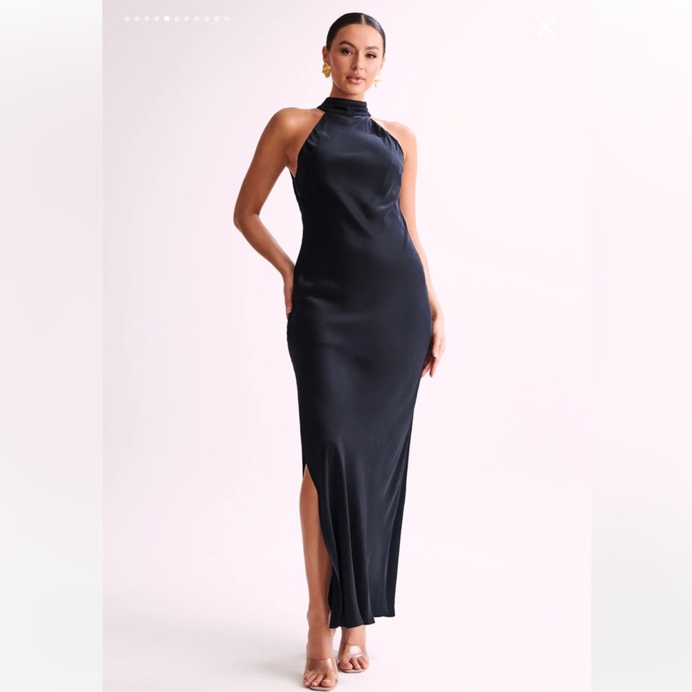 Meshki CLAIRE Satin Drape Back Maxi Dress with Split -Black size small used once